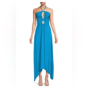 🩵 NWT Ramy Brook lagoon blue Samba halter keyhole dress size 14/XL $465